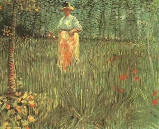 A woman walking in garden by Vincent van Gogh.